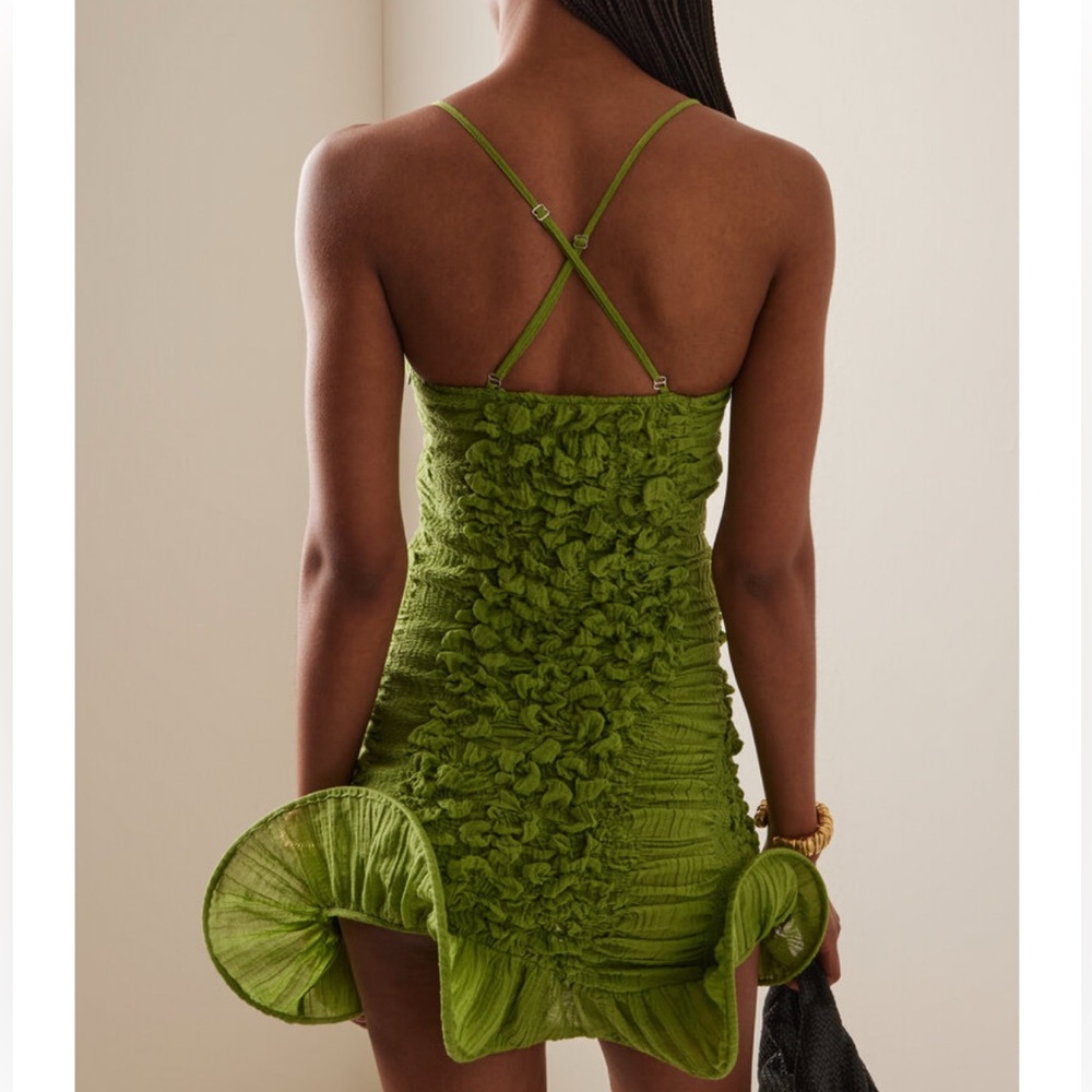 Green Ruched Mini Dress with Ruffle Hem - Picture 3 of 13